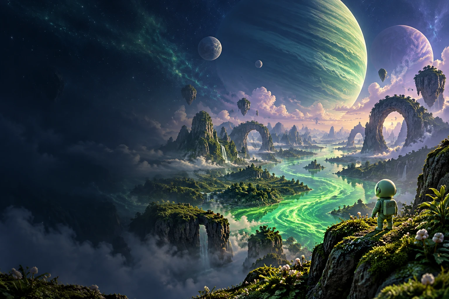 An original explorer overlooking a glowing green alien valley beneath distant planets